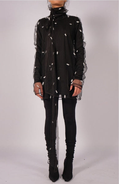 Mesh Polka-Dot Turtleneck with Scarf by David's Road