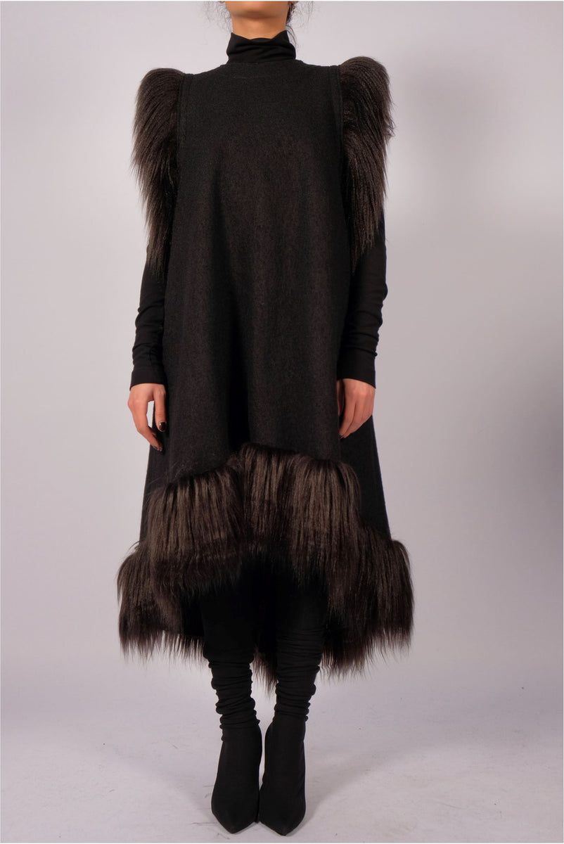 Wool Midi Dress with Faux Fur L/XL