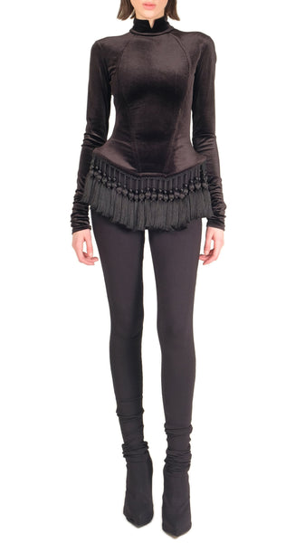 Stretch Velvet Turtleneck with Tassels by David's Road