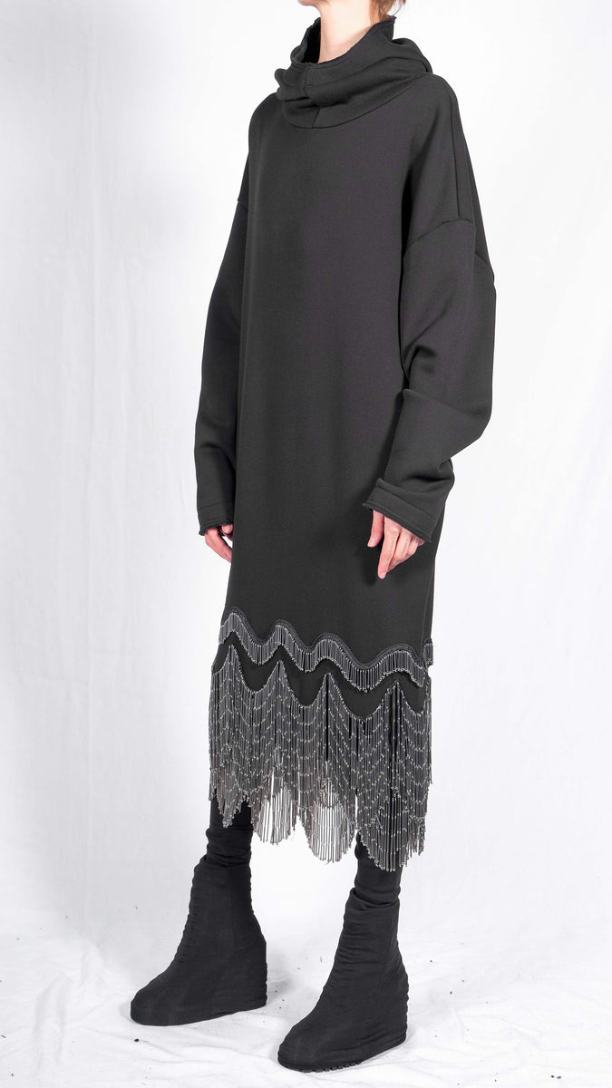 Long Sweatshirt Hoodie Dress with Glass Beaded Fringe L/XL Long Sweatshirt Hoodie Dress with Glass Beaded Fringe L/XL