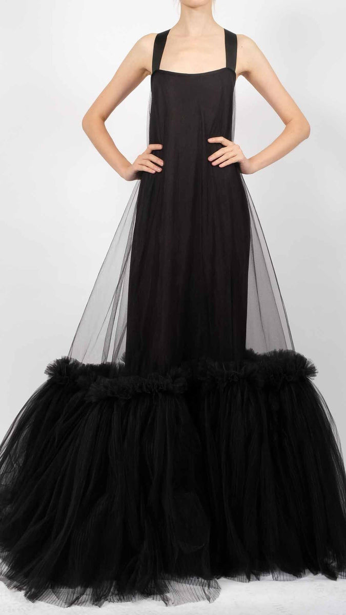 black tulle maxi dress Plus Size Formal Dress Black V Neck Tiered Tulle Maxi Dress main image 1