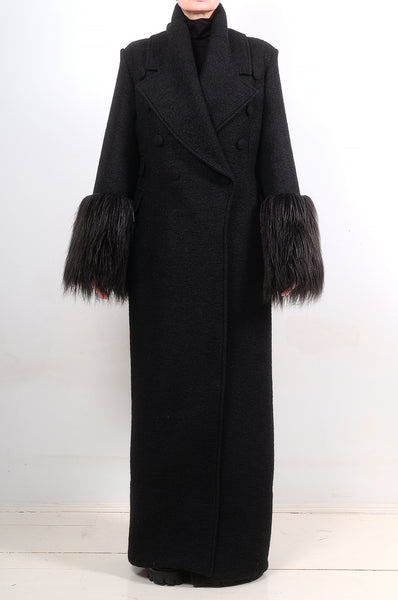 Double Breasted Maxi Coat with Faux Fur Cuffs by David's Road 