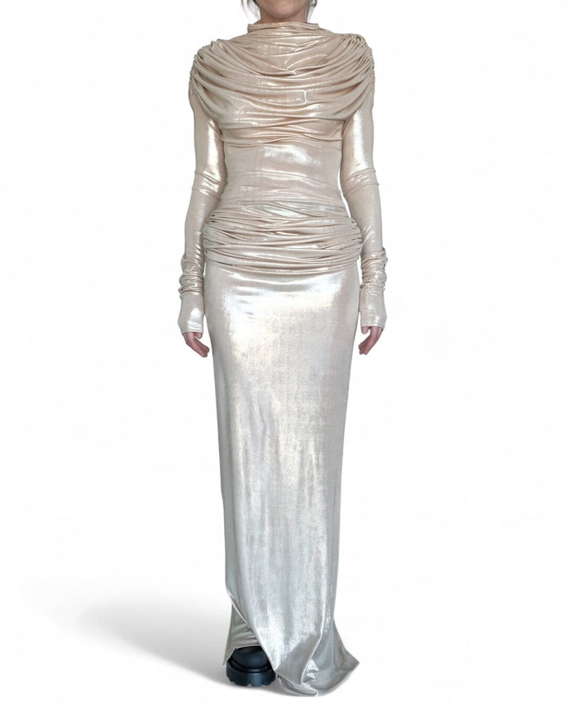 Long Stretch Gold Draping Dress S Long Stretch Gold Draping Dress S