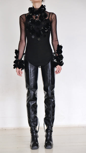 Mesh Turtleneck with Flower Applications by David's Road 