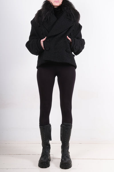 Short Double Breasted Coat with Faux Fur Collar by David's Road 