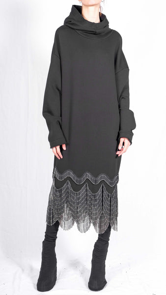 Long Sweatshirt Hoodie Dress with Glass Beaded Fringe L/XL Long Sweatshirt Hoodie Dress with Glass Beaded Fringe L/XL
