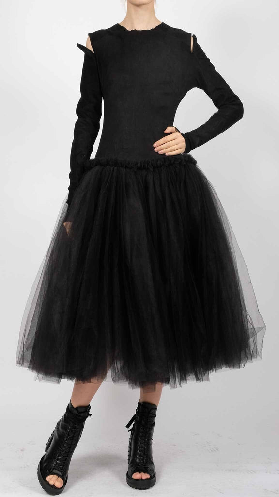 leather tulle dress Vegan Leather Zipper Tube Tulle Dress